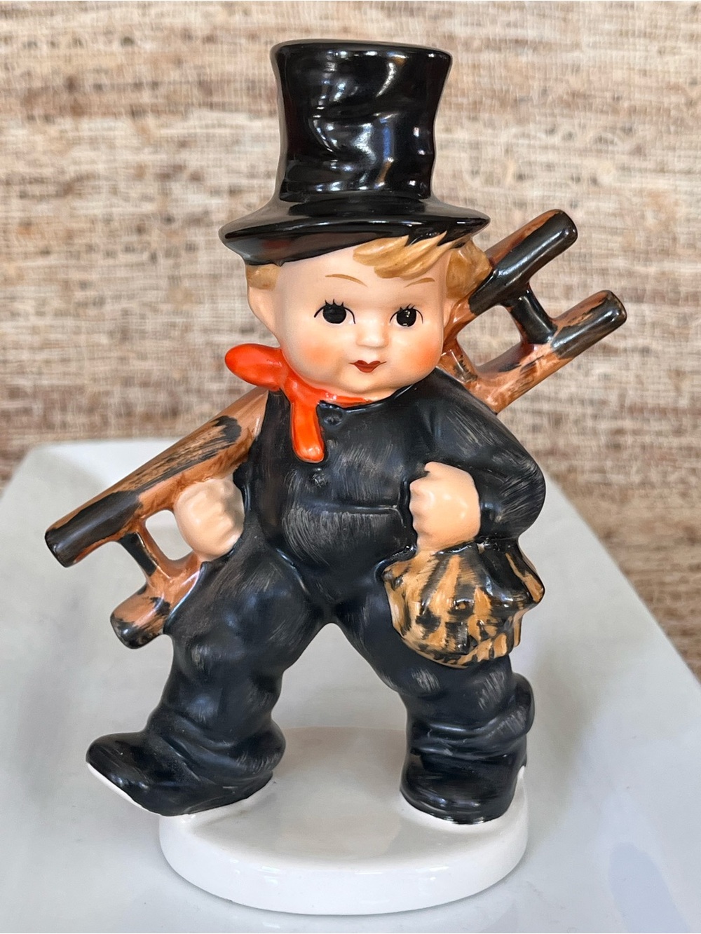 Vintage Goebel Black-Clad Chimney Sweep Porcelain Boy Figurine with Red Scarf